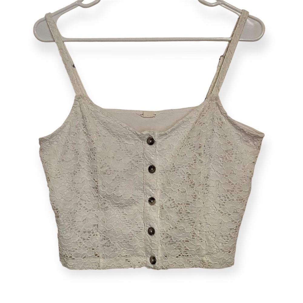 AEROPOSTALE Lace Button Cami Crop Top L White Spaghetti Strap Y2K Boho Festival